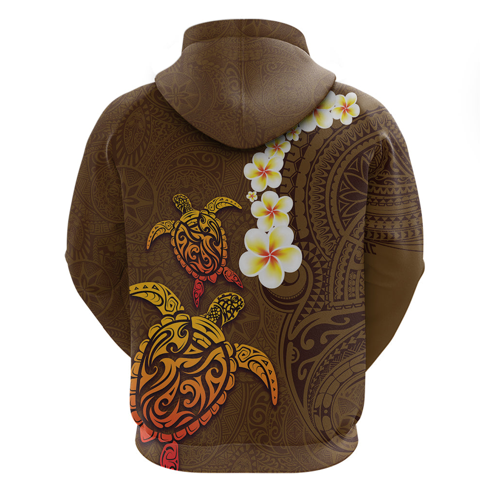 Hawaii Turtle Plumeria Flower Hoodie Polynesian Pattern Brown Color