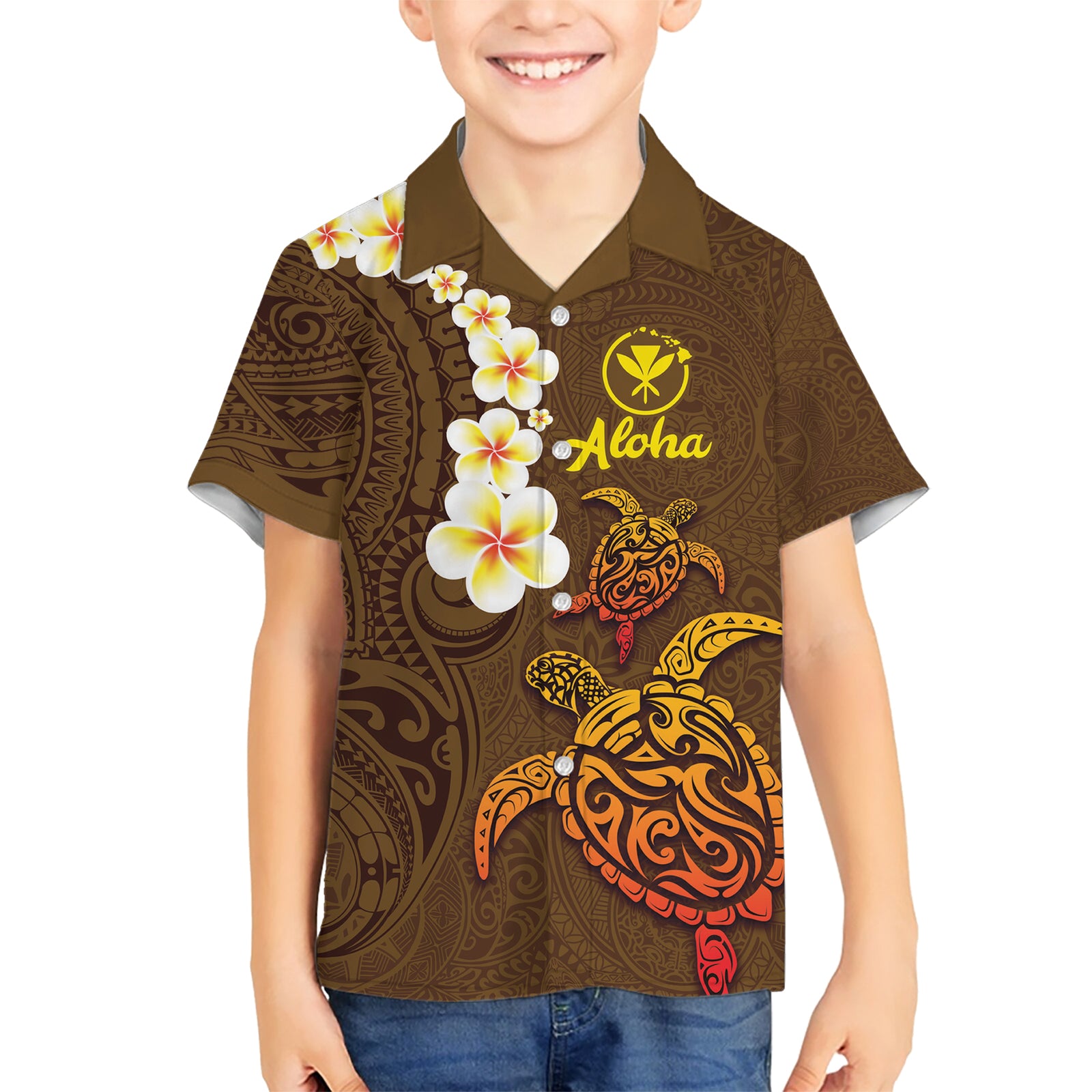 Hawaii Turtle Plumeria Flower Kid Hawaiian Shirt Polynesian Pattern Brown Color LT03 Kid Brown - Polynesian Pride