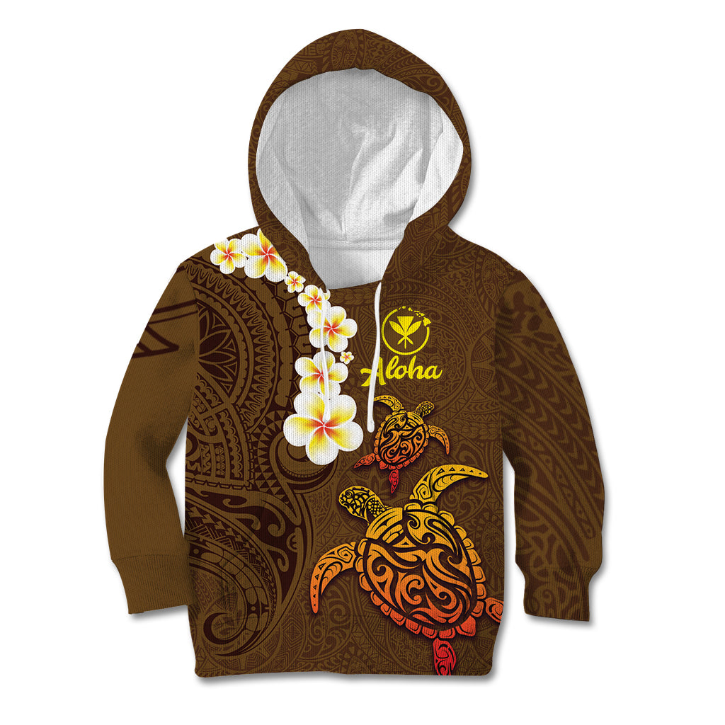Hawaii Turtle Plumeria Flower Kid Hoodie Polynesian Pattern Brown Color