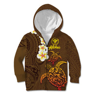 Hawaii Turtle Plumeria Flower Kid Hoodie Polynesian Pattern Brown Color