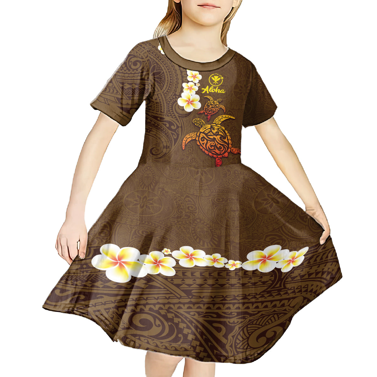 Hawaii Turtle Plumeria Flower Kid Short Sleeve Dress Polynesian Pattern Brown Color LT03 - Polynesian Pride