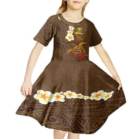 Hawaii Turtle Plumeria Flower Kid Short Sleeve Dress Polynesian Pattern Brown Color LT03 - Polynesian Pride