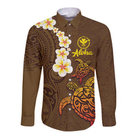 Hawaii Turtle Plumeria Flower Long Sleeve Button Shirt Polynesian Pattern Brown Color