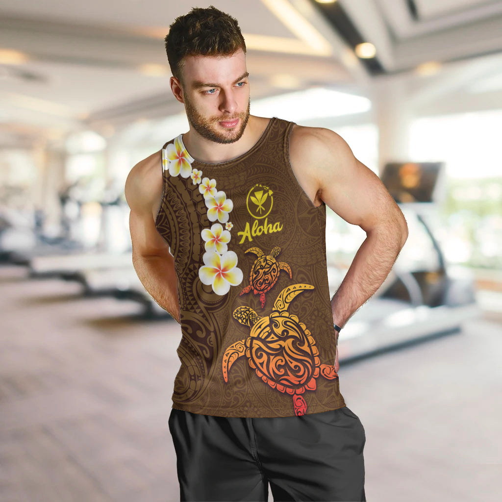 Hawaii Turtle Plumeria Flower Men Tank Top Polynesian Pattern Brown Color