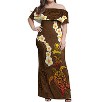Hawaii Turtle Plumeria Flower Off Shoulder Maxi Dress Polynesian Pattern Brown Color LT03 Women Brown - Polynesian Pride