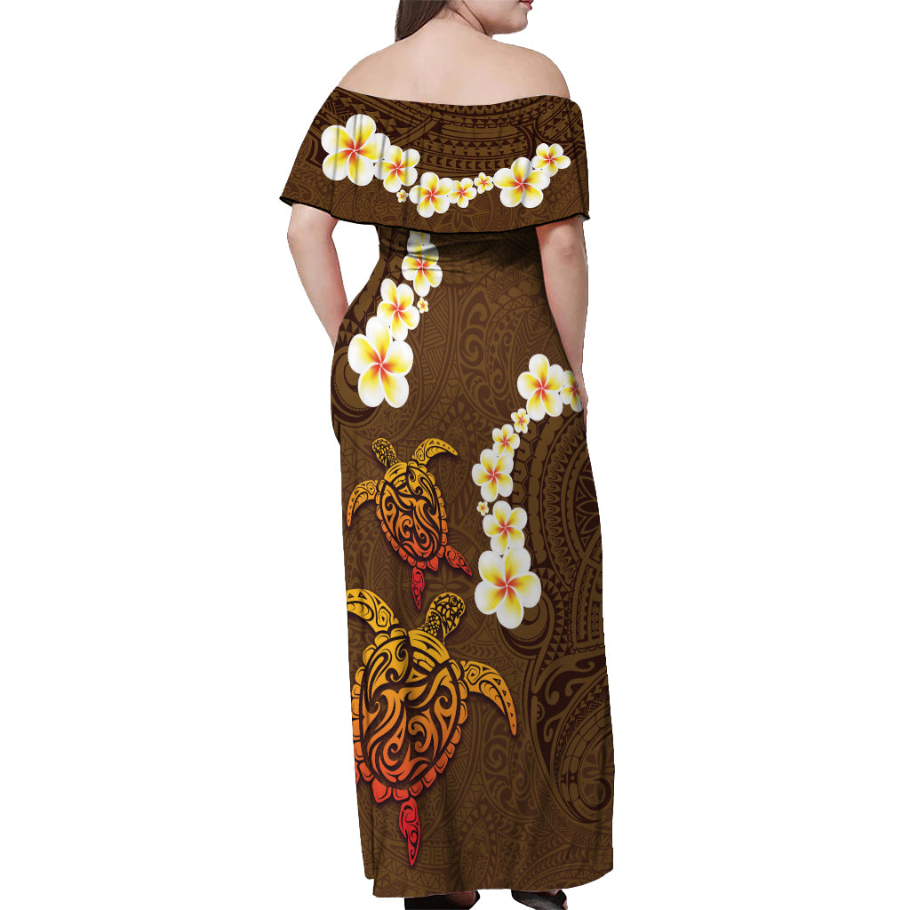 Hawaii Turtle Plumeria Flower Off Shoulder Maxi Dress Polynesian Pattern Brown Color LT03 - Polynesian Pride