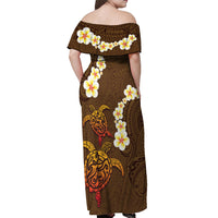 Hawaii Turtle Plumeria Flower Off Shoulder Maxi Dress Polynesian Pattern Brown Color LT03 - Polynesian Pride