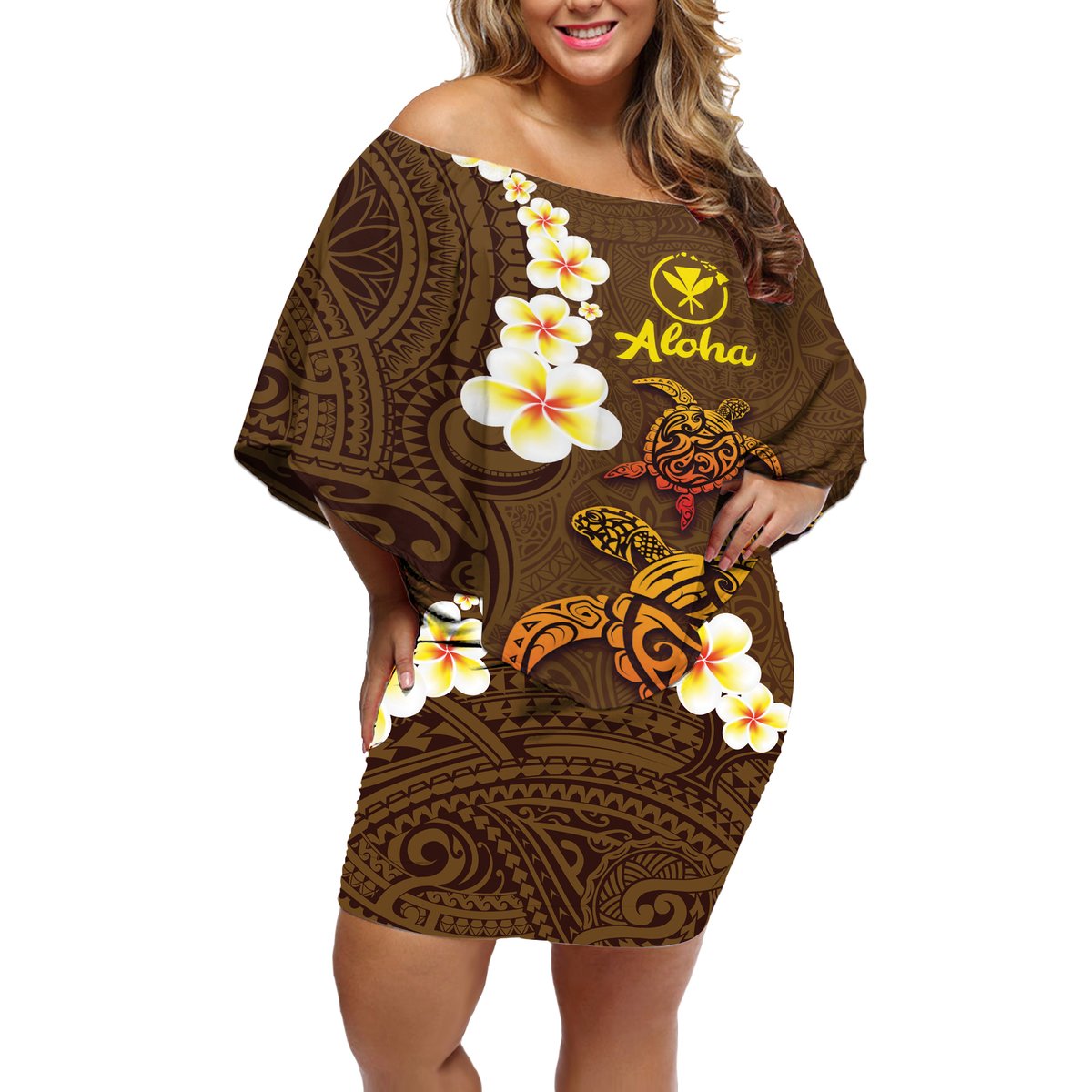 Hawaii Turtle Plumeria Flower Off Shoulder Short Dress Polynesian Pattern Brown Color LT03 Women Brown - Polynesian Pride