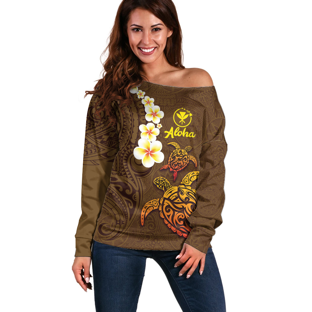 Hawaii Turtle Plumeria Flower Off Shoulder Sweater Polynesian Pattern Brown Color