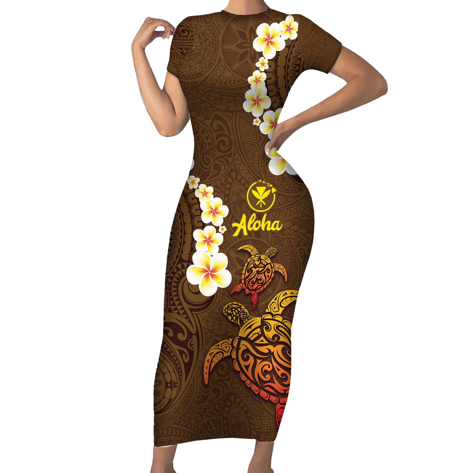 Hawaii Turtle Plumeria Flower Short Sleeve Bodycon Dress Polynesian Pattern Brown Color