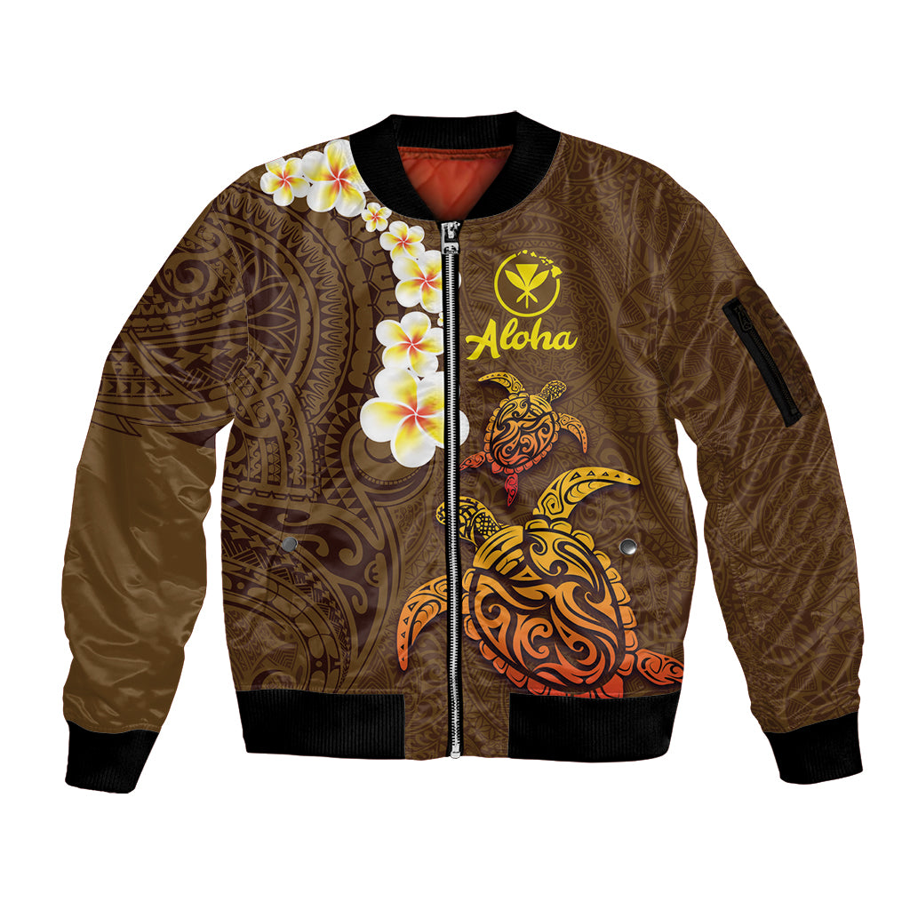 Hawaii Turtle Plumeria Flower Sleeve Zip Bomber Jacket Polynesian Pattern Brown Color LT03 Unisex Brown - Polynesian Pride