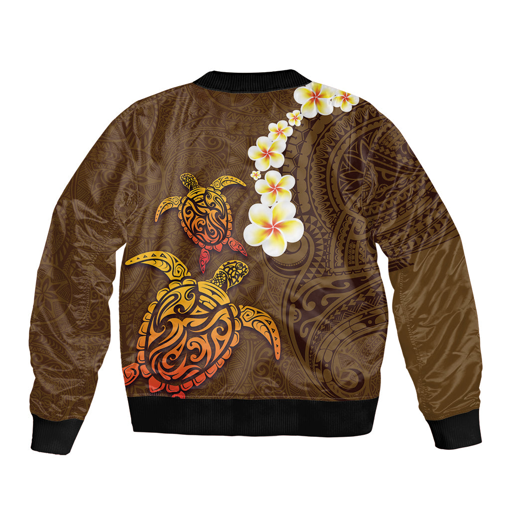 Hawaii Turtle Plumeria Flower Sleeve Zip Bomber Jacket Polynesian Pattern Brown Color LT03 - Polynesian Pride