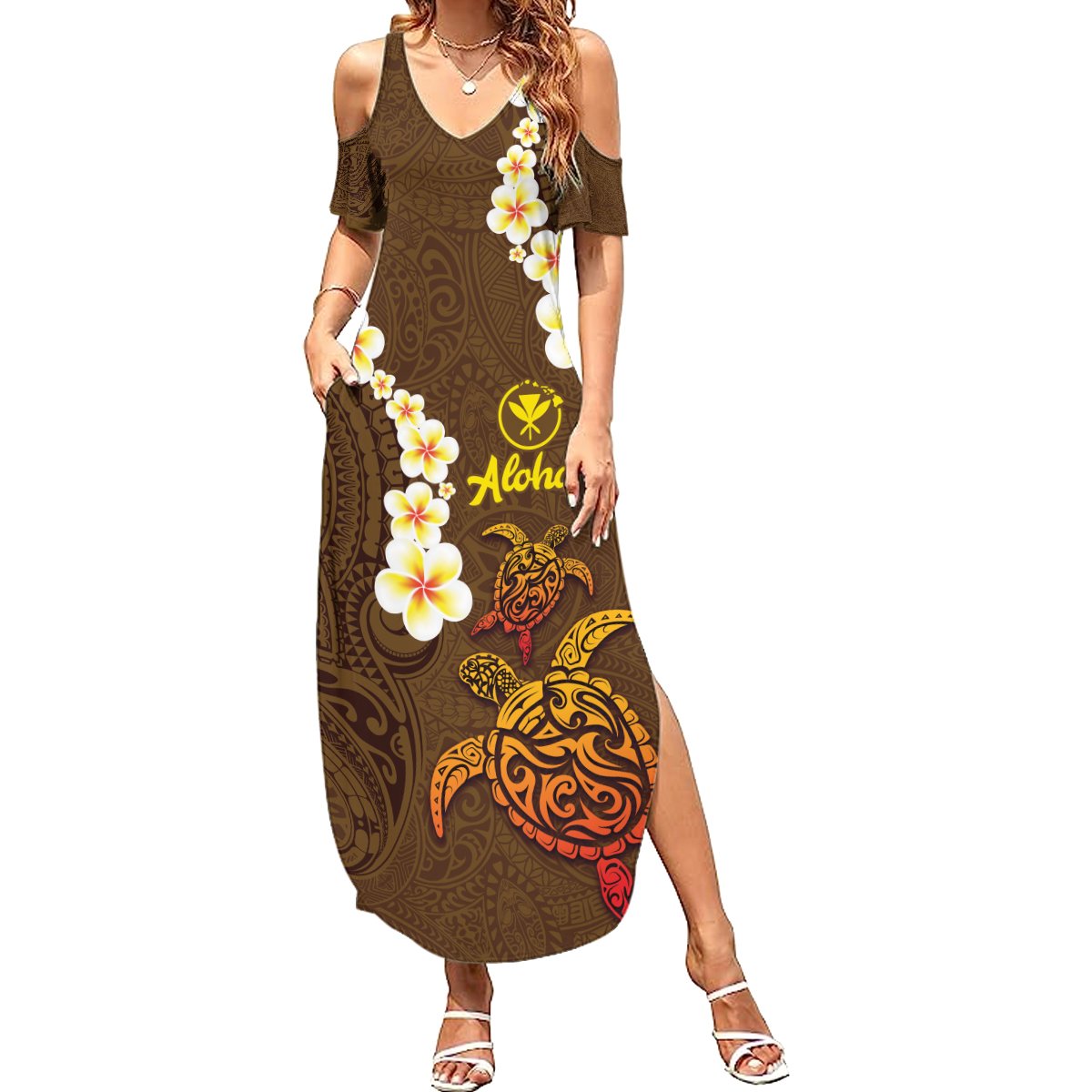 Hawaii Turtle Plumeria Flower Summer Maxi Dress Polynesian Pattern Brown Color LT03 Women Brown - Polynesian Pride