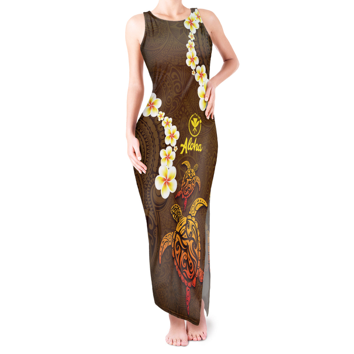 Hawaii Turtle Plumeria Flower Tank Maxi Dress Polynesian Pattern Brown Color