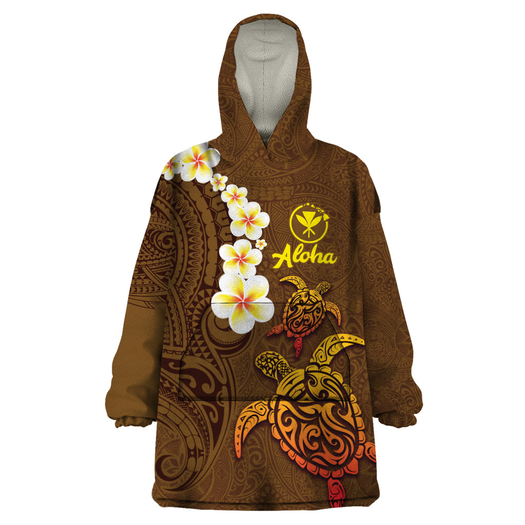 Hawaii Turtle Plumeria Flower Wearable Blanket Hoodie Polynesian Pattern Brown Color