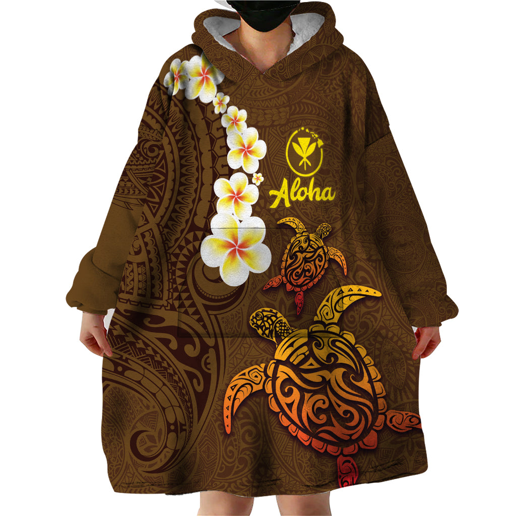 Hawaii Turtle Plumeria Flower Wearable Blanket Hoodie Polynesian Pattern Brown Color LT03 - Polynesian Pride