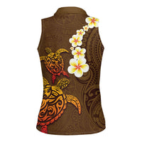 Hawaii Turtle Plumeria Flower Women Sleeveless Polo Shirt Polynesian Pattern Brown Color