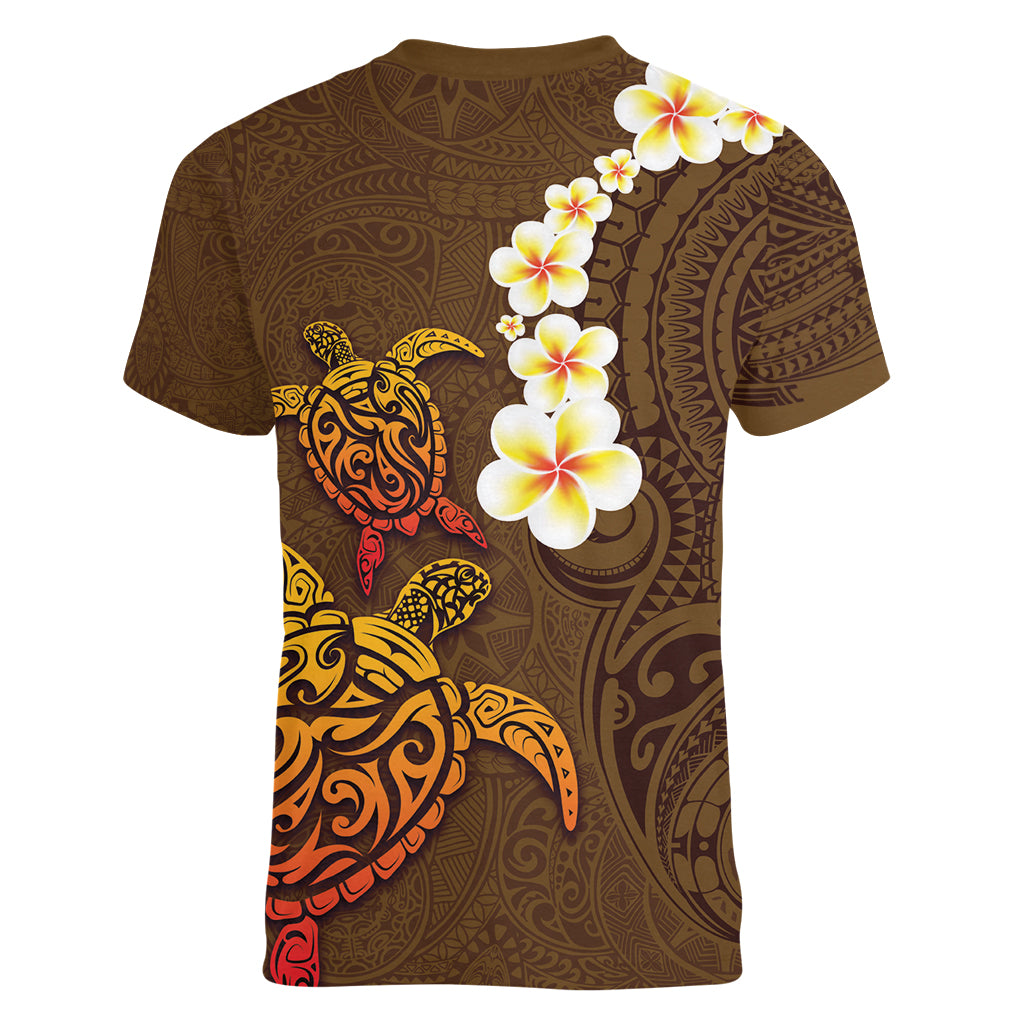 Hawaii Turtle Plumeria Flower Women V-Neck T-Shirt Polynesian Pattern Brown Color
