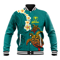 Hawaii Turtle Plumeria Flower Baseball Jacket Polynesian Pattern Turquoise Color LT03 Unisex Turquoise - Polynesian Pride