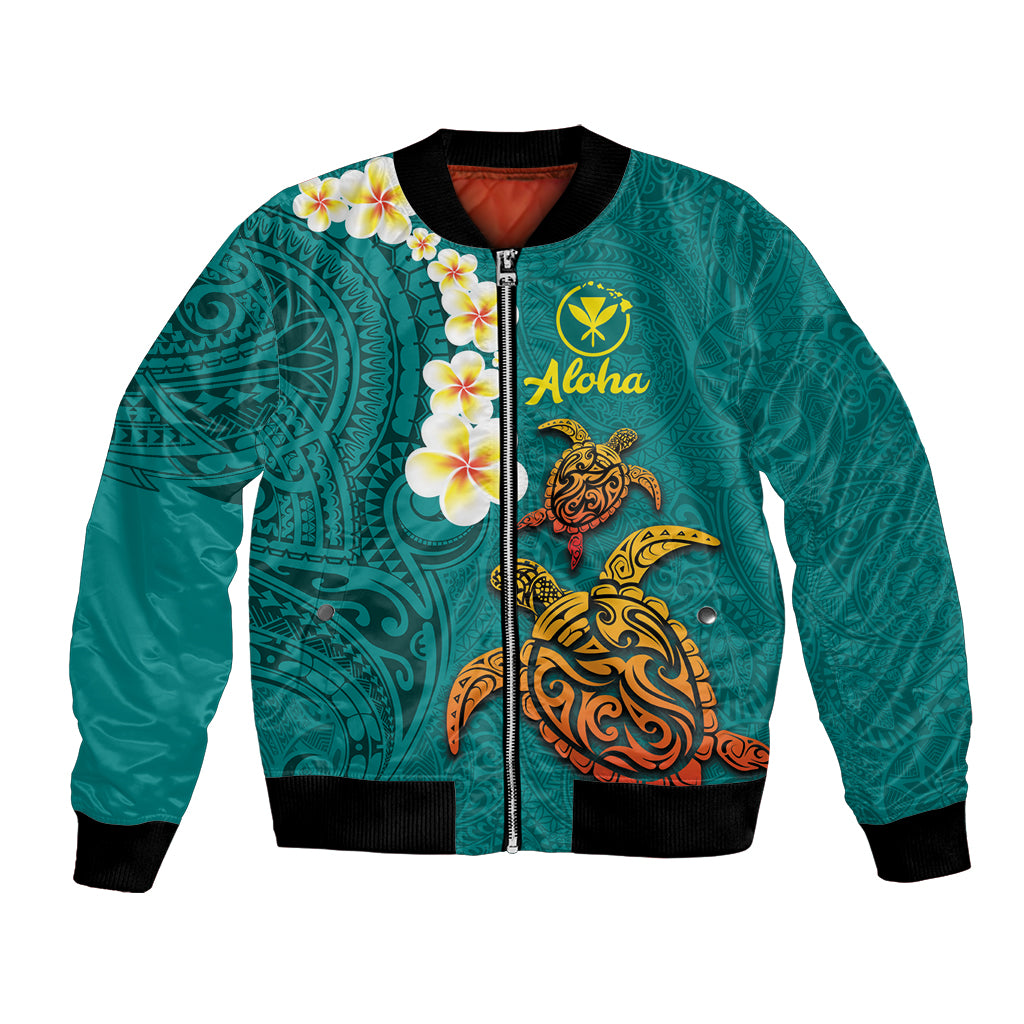 Hawaii Turtle Plumeria Flower Bomber Jacket Polynesian Pattern Turquoise Color LT03 Unisex Turquoise - Polynesian Pride