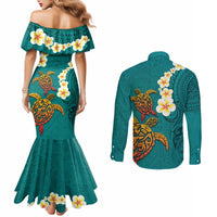 Hawaii Turtle Plumeria Flower Couples Matching Mermaid Dress and Long Sleeve Button Shirt Polynesian Pattern Turquoise Color LT03 - Polynesian Pride