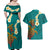 Hawaii Turtle Plumeria Flower Couples Matching Off Shoulder Maxi Dress and Hawaiian Shirt Polynesian Pattern Turquoise Color