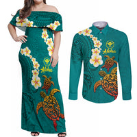 Hawaii Turtle Plumeria Flower Couples Matching Off Shoulder Maxi Dress and Long Sleeve Button Shirt Polynesian Pattern Turquoise Color LT03 Turquoise - Polynesian Pride