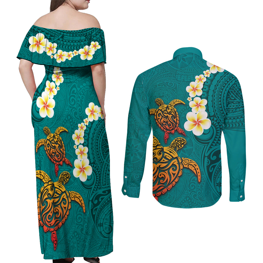 Hawaii Turtle Plumeria Flower Couples Matching Off Shoulder Maxi Dress and Long Sleeve Button Shirt Polynesian Pattern Turquoise Color LT03 - Polynesian Pride
