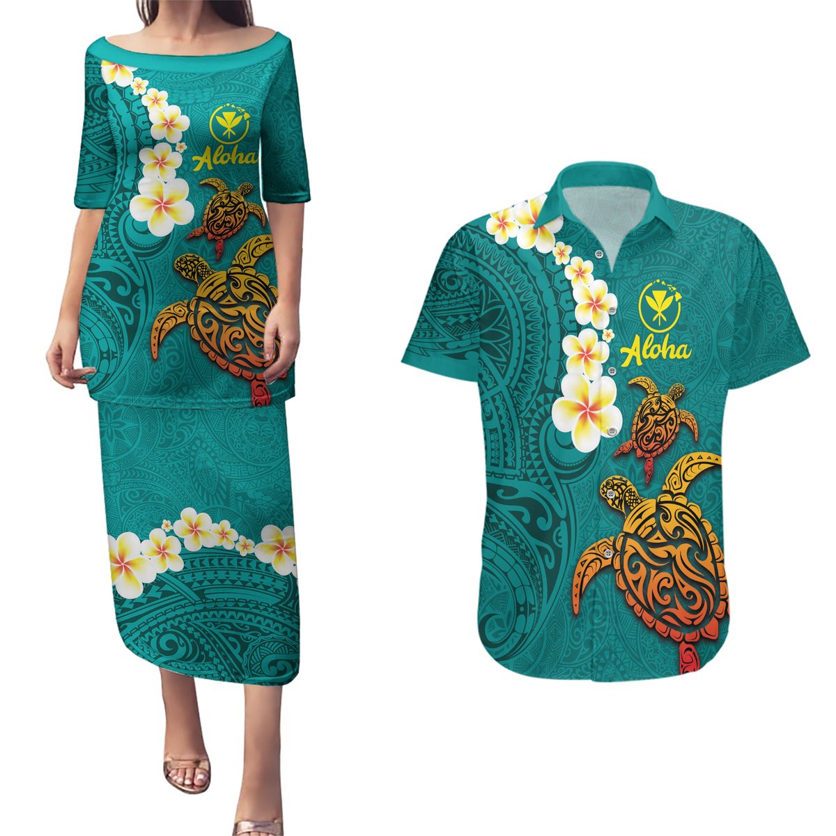 Hawaii Turtle Plumeria Flower Couples Matching Puletasi and Hawaiian Shirt Polynesian Pattern Turquoise Color LT03 Turquoise - Polynesian Pride