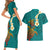 Hawaii Turtle Plumeria Flower Couples Matching Short Sleeve Bodycon Dress and Hawaiian Shirt Polynesian Pattern Turquoise Color