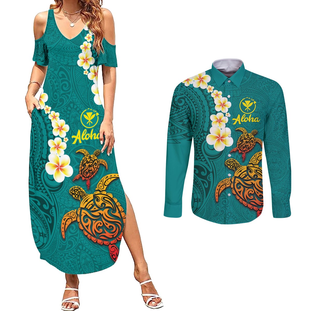 Hawaii Turtle Plumeria Flower Couples Matching Summer Maxi Dress and Long Sleeve Button Shirt Polynesian Pattern Turquoise Color LT03 Turquoise - Polynesian Pride