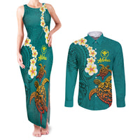 Hawaii Turtle Plumeria Flower Couples Matching Tank Maxi Dress and Long Sleeve Button Shirt Polynesian Pattern Turquoise Color LT03 Turquoise - Polynesian Pride