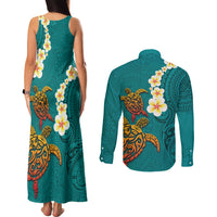 Hawaii Turtle Plumeria Flower Couples Matching Tank Maxi Dress and Long Sleeve Button Shirt Polynesian Pattern Turquoise Color LT03 - Polynesian Pride