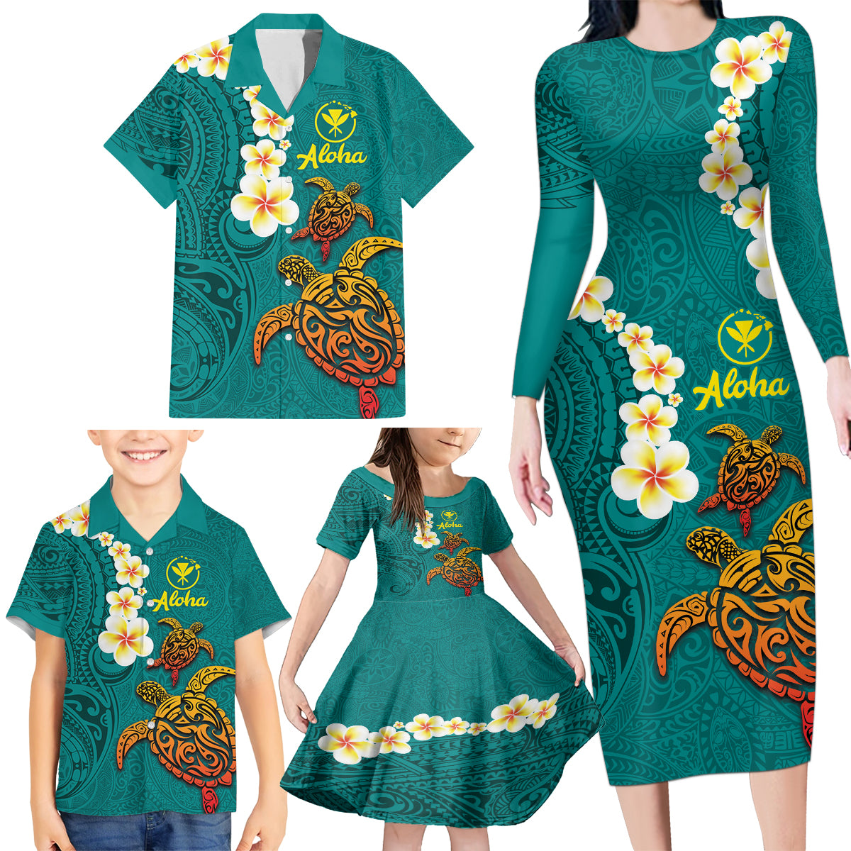 Hawaii Turtle Plumeria Flower Family Matching Long Sleeve Bodycon Dress and Hawaiian Shirt Polynesian Pattern Turquoise Color LT03 - Polynesian Pride