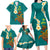 Hawaii Turtle Plumeria Flower Family Matching Long Sleeve Bodycon Dress and Hawaiian Shirt Polynesian Pattern Turquoise Color