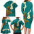 Hawaii Turtle Plumeria Flower Family Matching Long Sleeve Bodycon Dress and Hawaiian Shirt Polynesian Pattern Turquoise Color