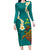 Hawaii Turtle Plumeria Flower Family Matching Long Sleeve Bodycon Dress and Hawaiian Shirt Polynesian Pattern Turquoise Color