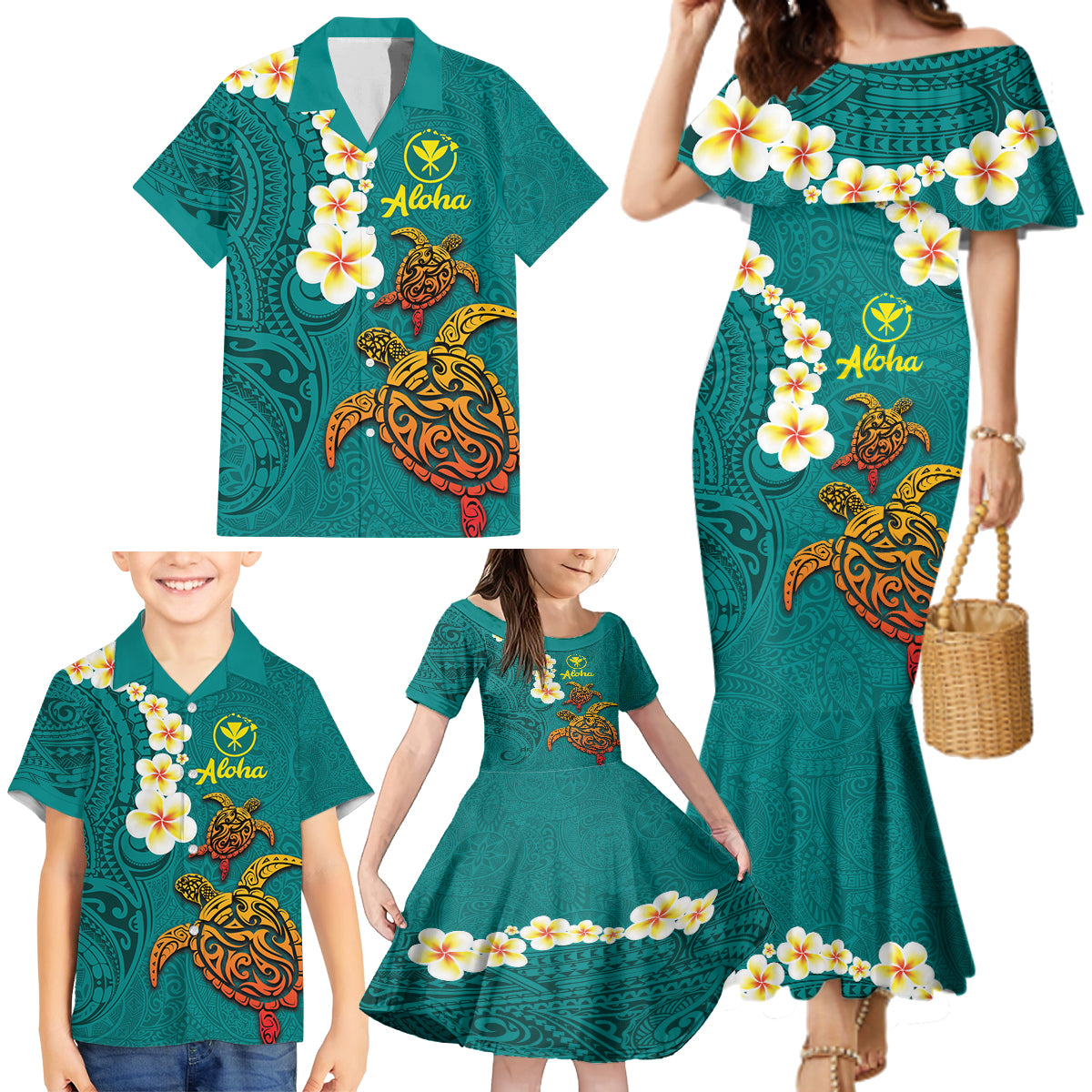 Hawaii Turtle Plumeria Flower Family Matching Mermaid Dress and Hawaiian Shirt Polynesian Pattern Turquoise Color