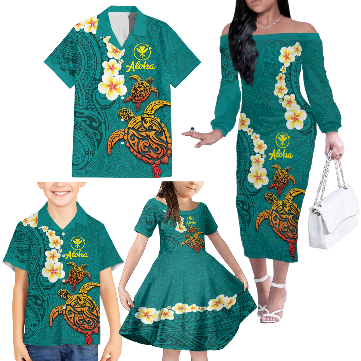 Hawaii Turtle Plumeria Flower Family Matching Off The Shoulder Long Sleeve Dress and Hawaiian Shirt Polynesian Pattern Turquoise Color