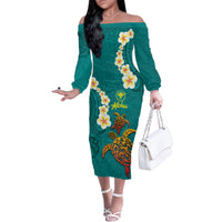 Hawaii Turtle Plumeria Flower Family Matching Off The Shoulder Long Sleeve Dress and Hawaiian Shirt Polynesian Pattern Turquoise Color