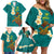 Hawaii Turtle Plumeria Flower Family Matching Off Shoulder Short Dress and Hawaiian Shirt Polynesian Pattern Turquoise Color