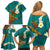 Hawaii Turtle Plumeria Flower Family Matching Off Shoulder Short Dress and Hawaiian Shirt Polynesian Pattern Turquoise Color