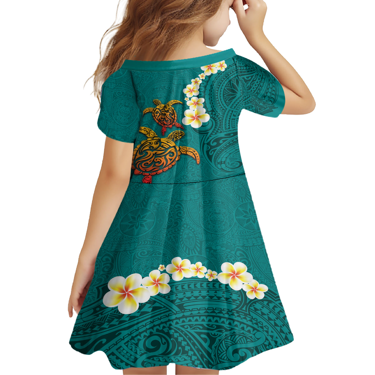 Hawaii Turtle Plumeria Flower Family Matching Short Sleeve Bodycon Dress and Hawaiian Shirt Polynesian Pattern Turquoise Color