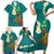 Hawaii Turtle Plumeria Flower Family Matching Short Sleeve Bodycon Dress and Hawaiian Shirt Polynesian Pattern Turquoise Color