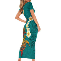 Hawaii Turtle Plumeria Flower Family Matching Short Sleeve Bodycon Dress and Hawaiian Shirt Polynesian Pattern Turquoise Color