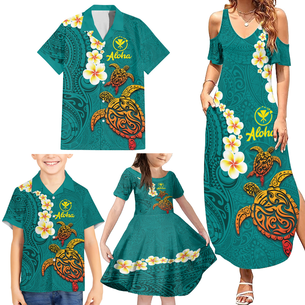 Hawaii Turtle Plumeria Flower Family Matching Summer Maxi Dress and Hawaiian Shirt Polynesian Pattern Turquoise Color