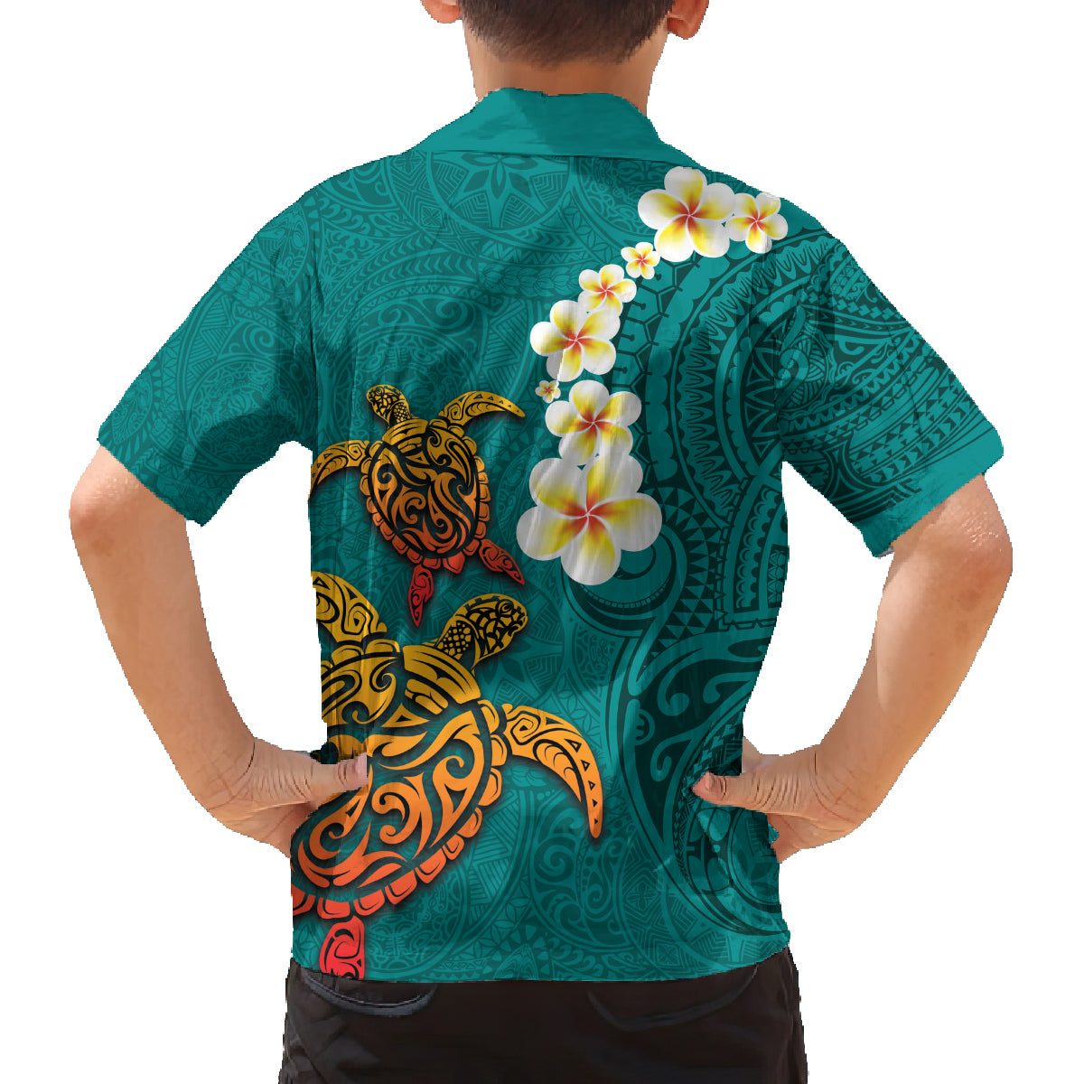 Hawaii Turtle Plumeria Flower Family Matching Tank Maxi Dress and Hawaiian Shirt Polynesian Pattern Turquoise Color