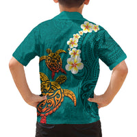 Hawaii Turtle Plumeria Flower Family Matching Tank Maxi Dress and Hawaiian Shirt Polynesian Pattern Turquoise Color