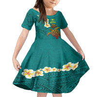 Hawaii Turtle Plumeria Flower Family Matching Tank Maxi Dress and Hawaiian Shirt Polynesian Pattern Turquoise Color