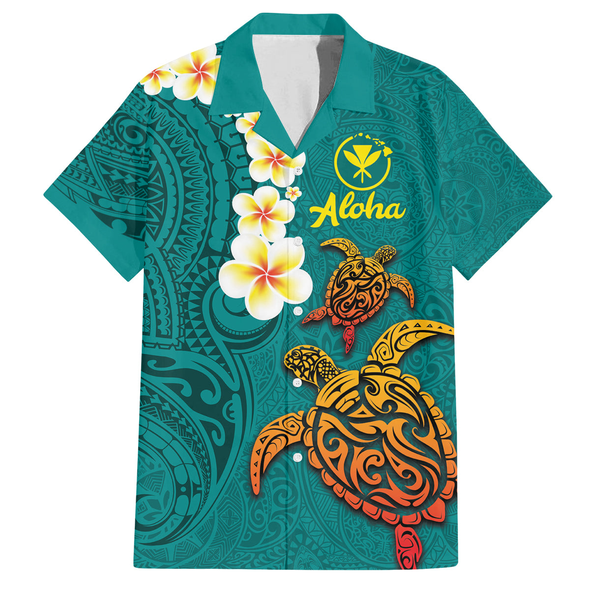 Hawaii Turtle Plumeria Flower Family Matching Tank Maxi Dress and Hawaiian Shirt Polynesian Pattern Turquoise Color